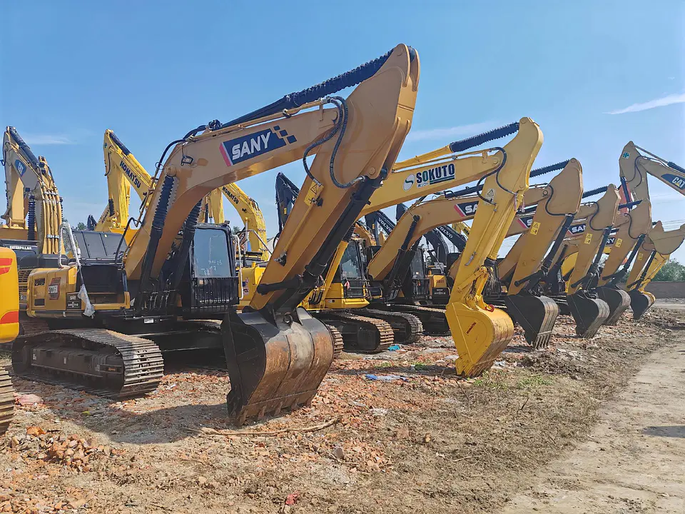 Excavators from several brands parked side by side