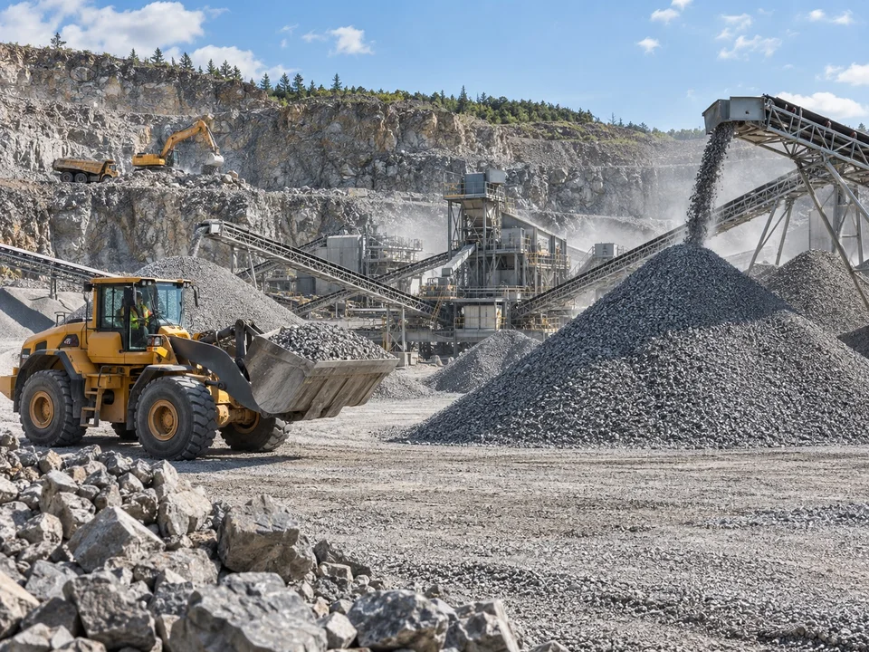 Illustrative excavator and quarry processing site