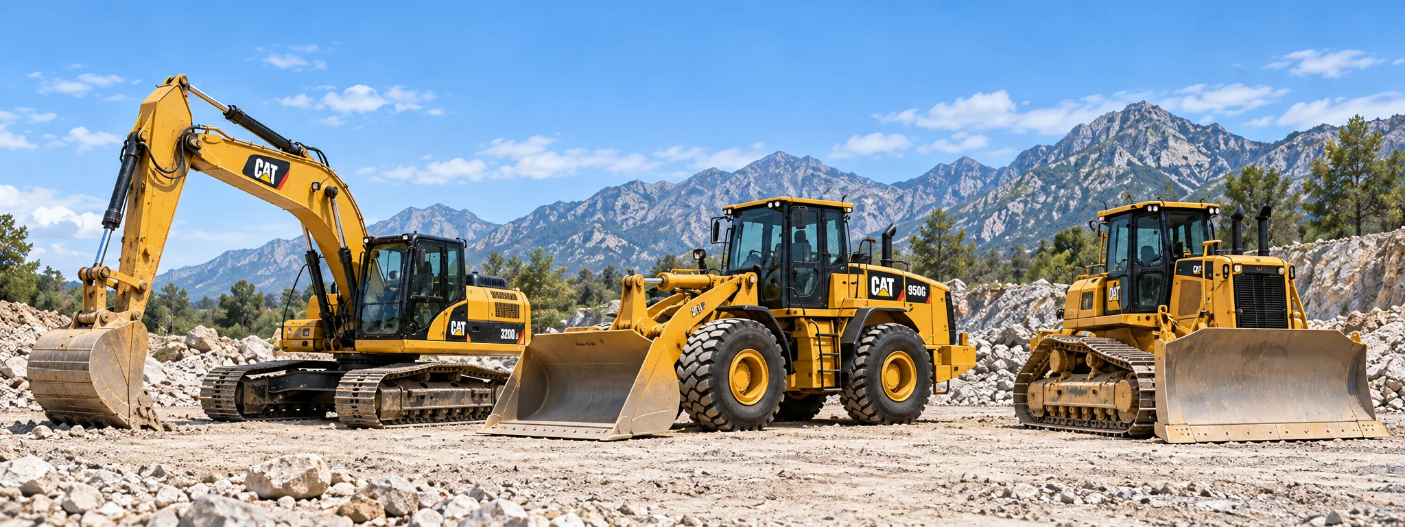 Illustrative lineup of CAT excavator, wheel loader and bulldozer in a quarry