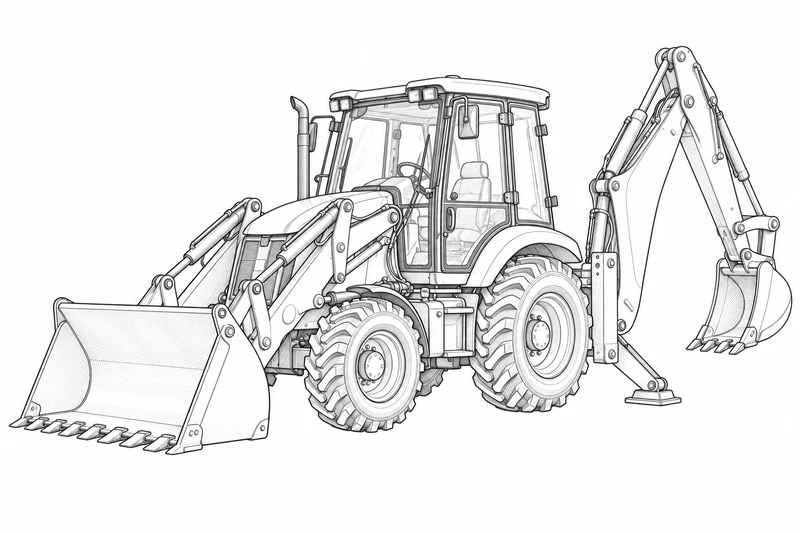 Line-art illustration of a backhoe loader with front bucket and rear digging arm on a white background