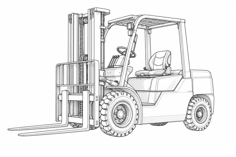 Line-art illustration of a counterbalance forklift with mast and forks on a white background