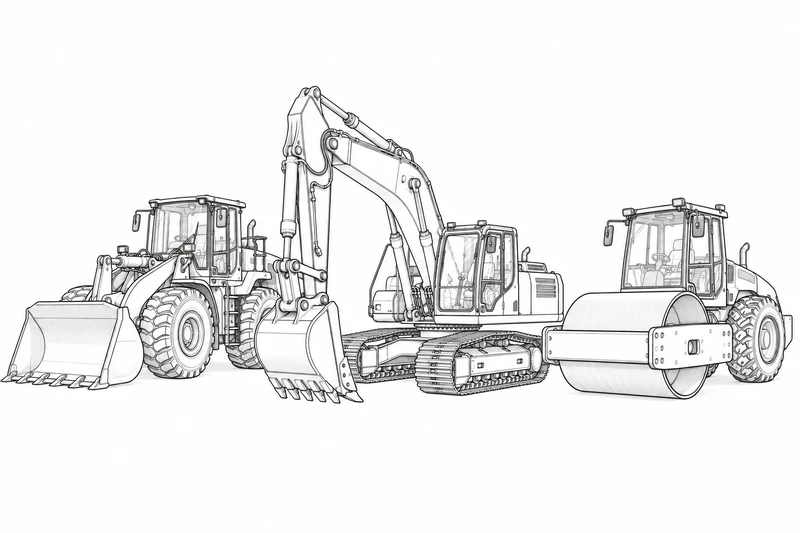 Line-art overview of construction equipment types on a white background