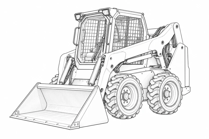 Line-art illustration of a compact wheeled skid steer loader on a white background