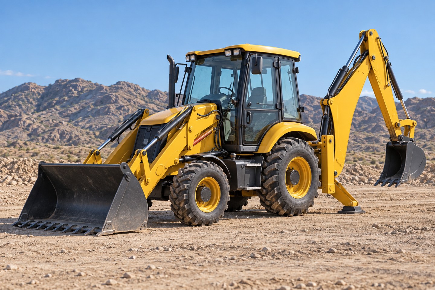 Illustrative yellow backhoe loader with front bucket and rear digging arm