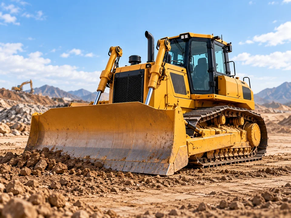 Illustrative crawler bulldozer moving soil