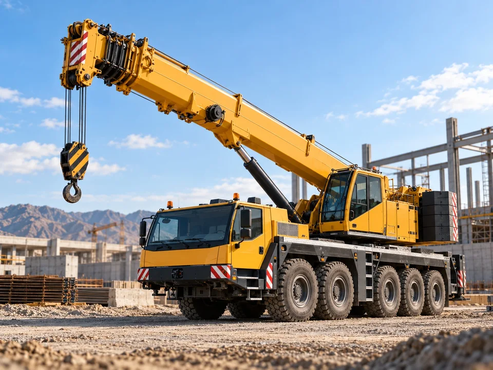 Illustrative mobile crane in an industrial construction setting