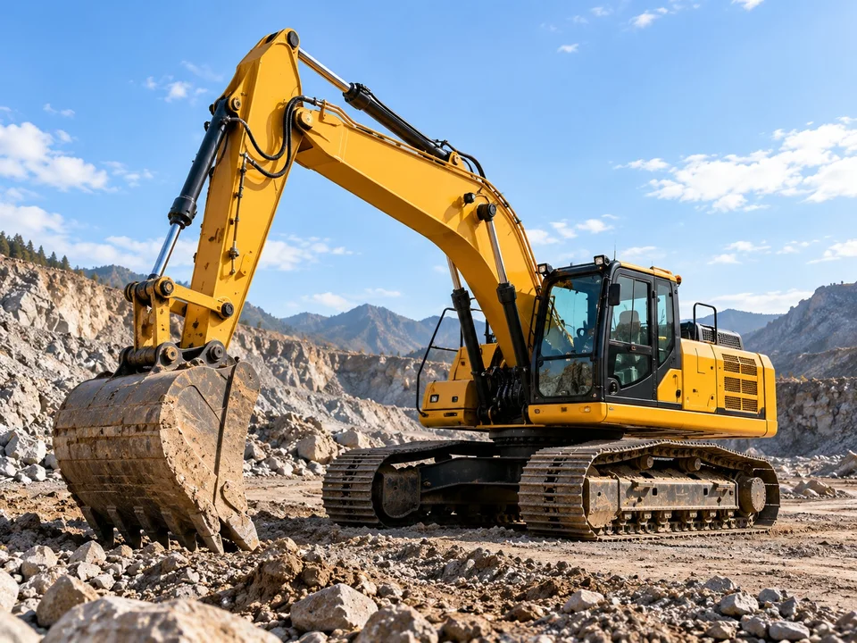 Illustrative crawler excavator in an open construction site