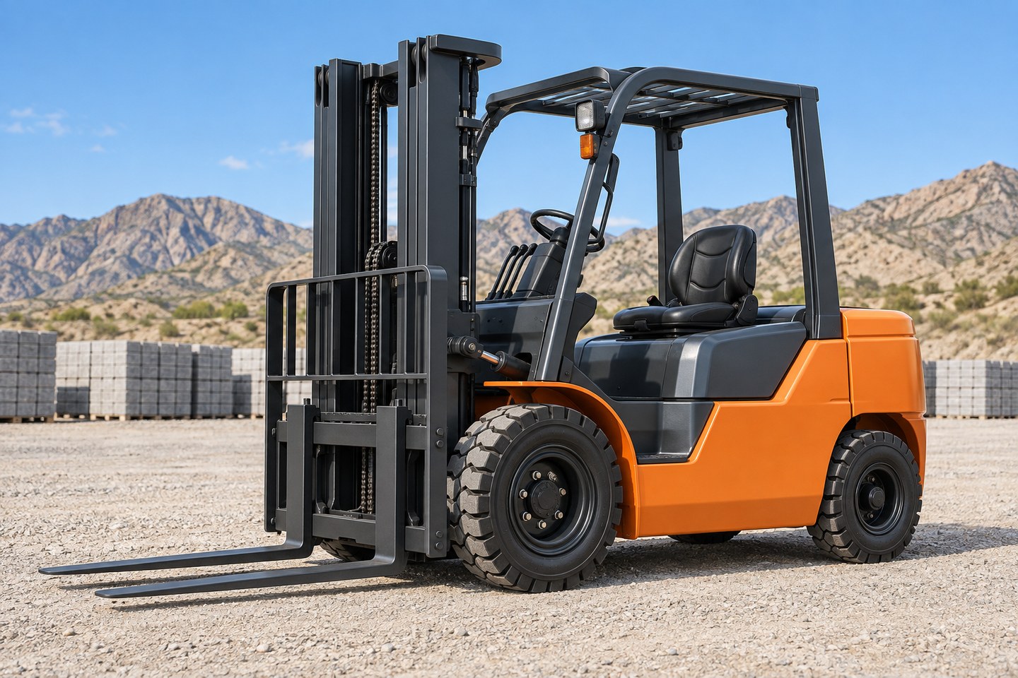 Illustrative orange counterbalance forklift in an outdoor materials yard