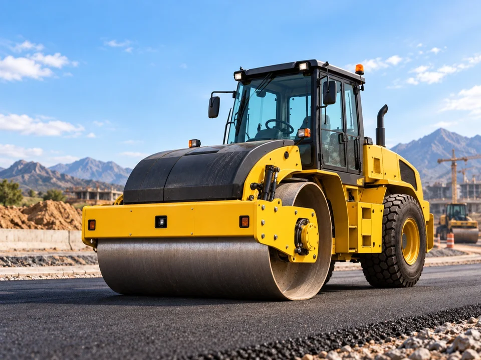 Illustrative road roller compacting a prepared surface