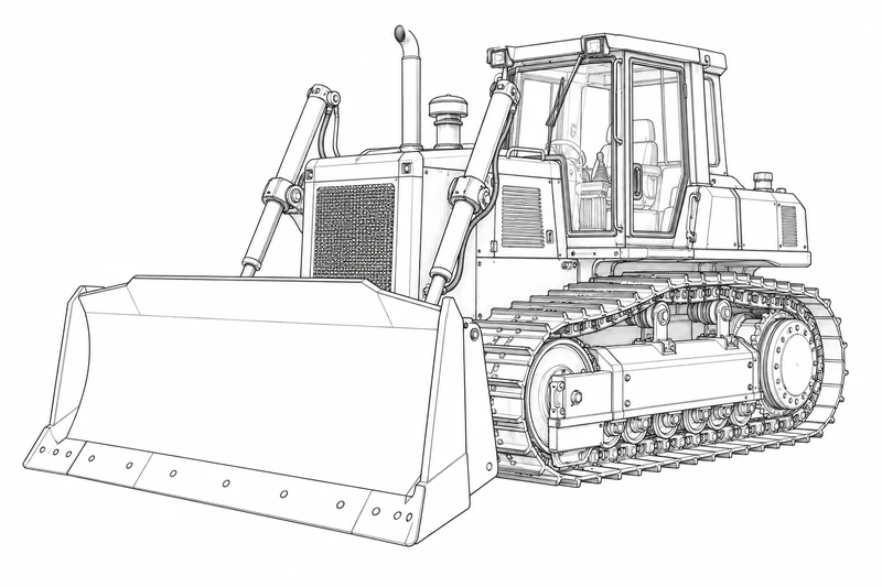 Line-art illustration of a crawler bulldozer on a white background