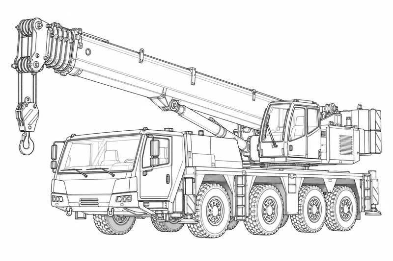 Line-art illustration of a mobile crane on a white background