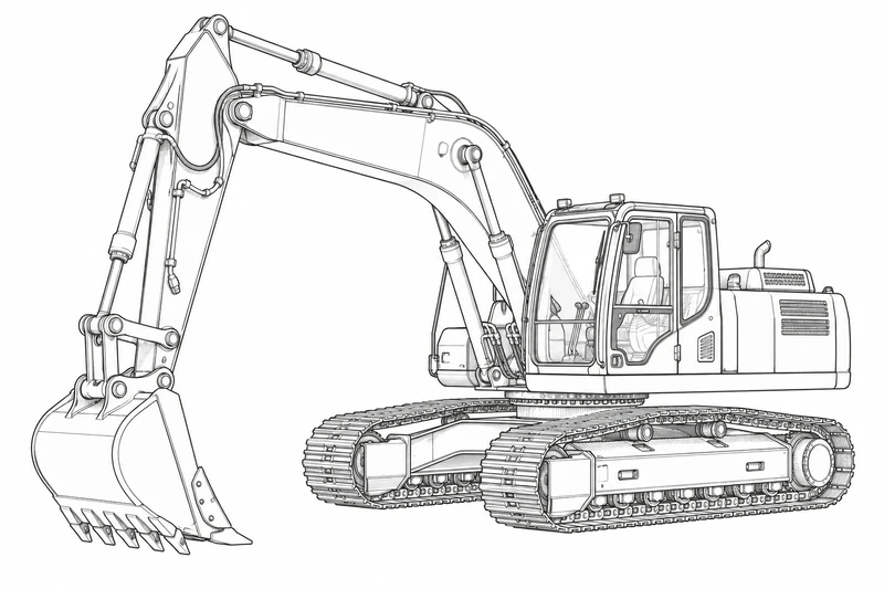 Line-art illustration of a crawler excavator on a white background