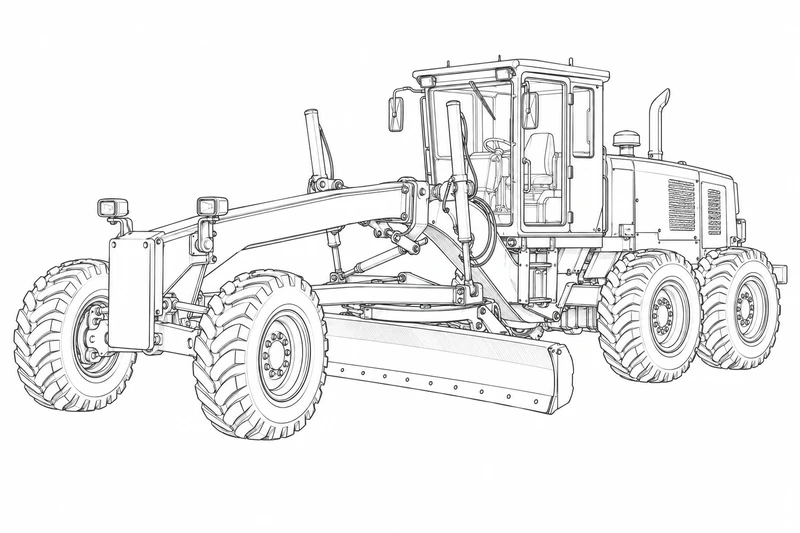 Line-art illustration of a motor grader on a white background