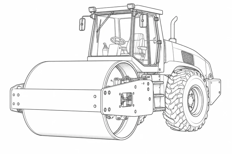 Line-art illustration of a road roller on a white background