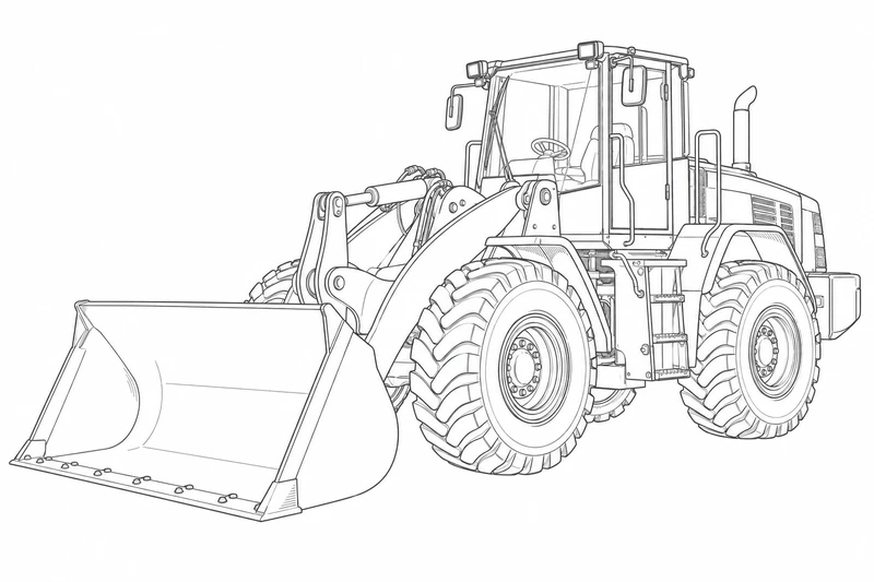 Line-art illustration of a wheel loader on a white background