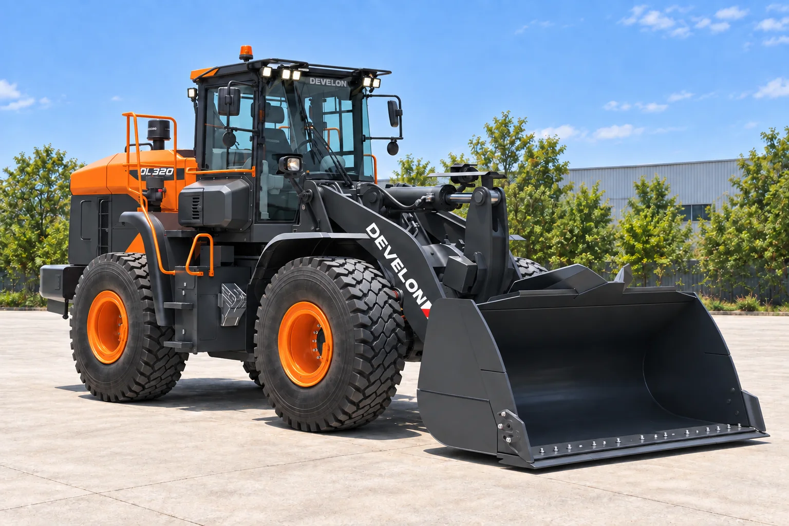 Illustrative front-left view of a DEVELON DL320-7 wheel loader; not a photograph of a specific machine.