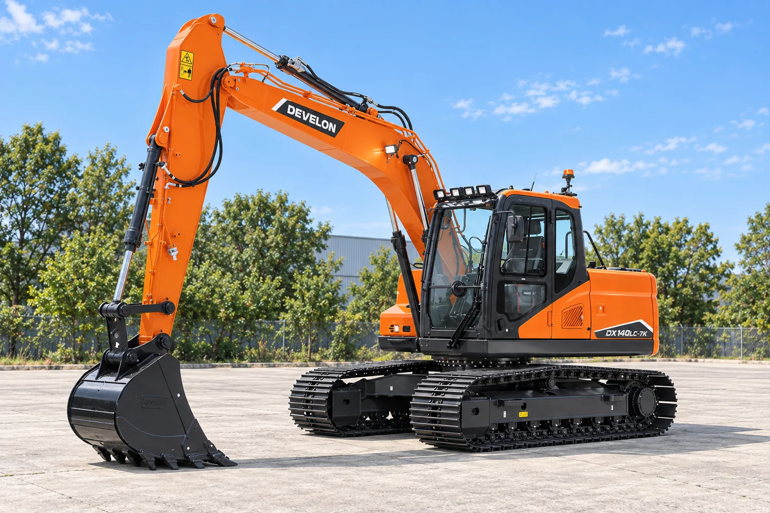 Illustrative front-left view of a DEVELON DX140LC-7K excavator; not a photograph of a specific machine.