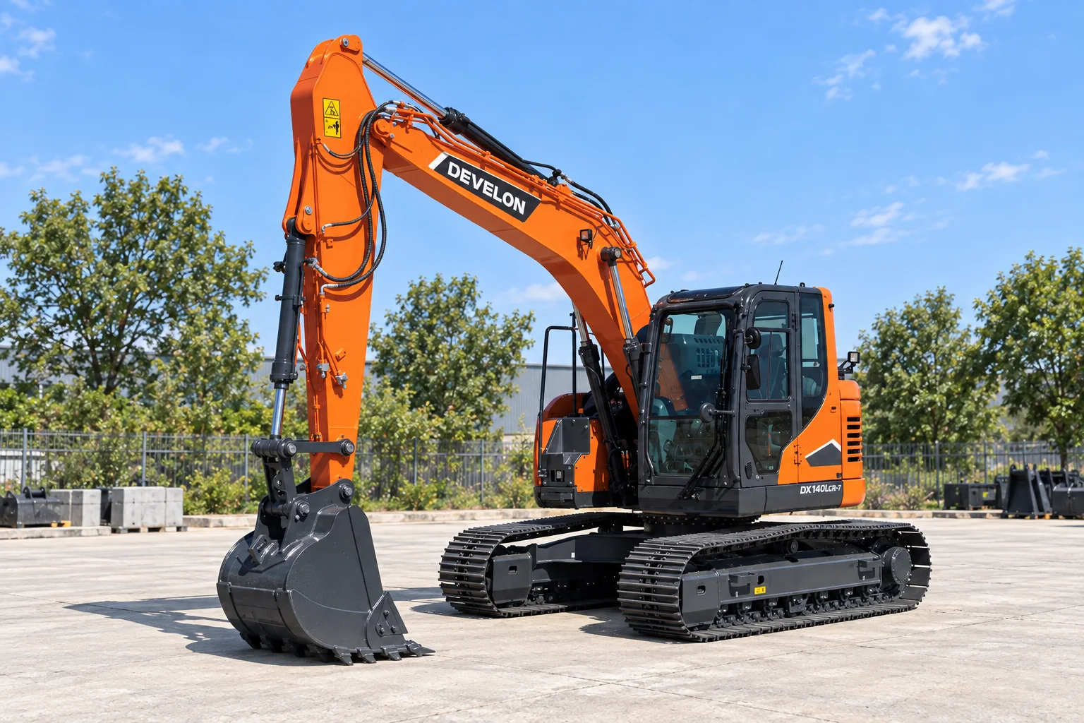 Illustrative front-left view of a DEVELON DX140LCR-7 short-tail excavator; not a photograph of a specific machine.