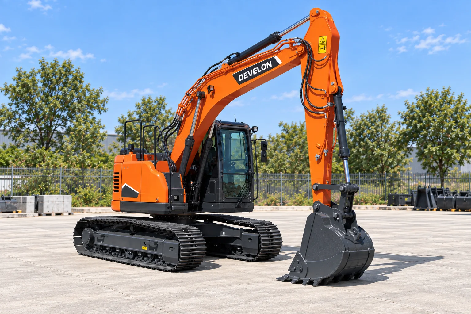 Illustrative front-right view of a DEVELON DX140LCR-7 short-tail excavator; not a photograph of a specific machine.
