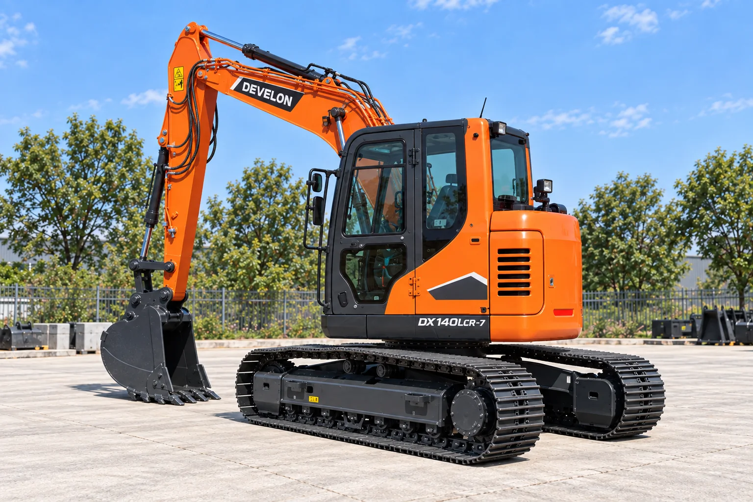 Illustrative rear-left view of a DEVELON DX140LCR-7 short-tail excavator; not a photograph of a specific machine.