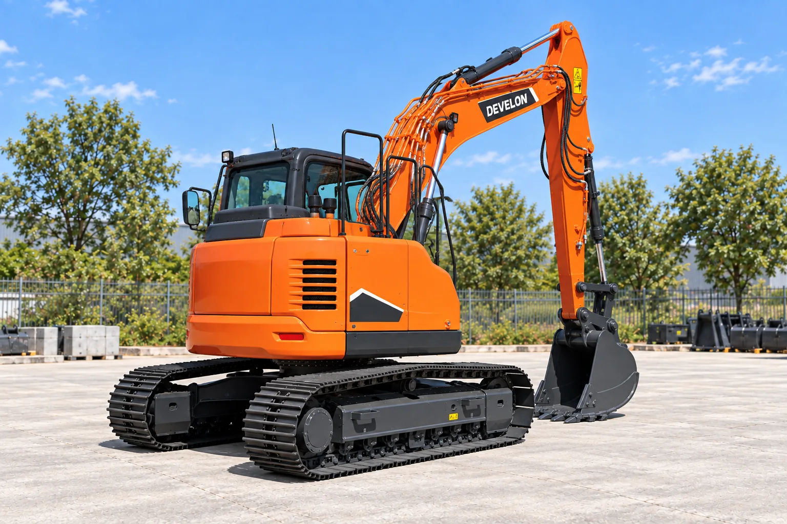 Illustrative rear-right view of a DEVELON DX140LCR-7 short-tail excavator; not a photograph of a specific machine.