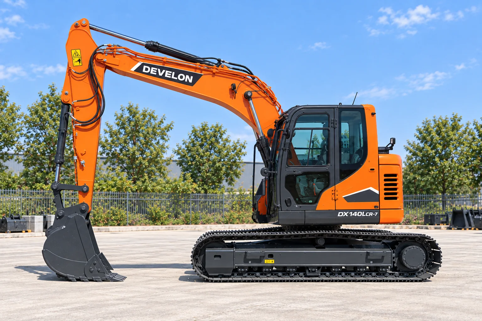 Illustrative left-side view of a DEVELON DX140LCR-7 short-tail excavator; not a photograph of a specific machine.