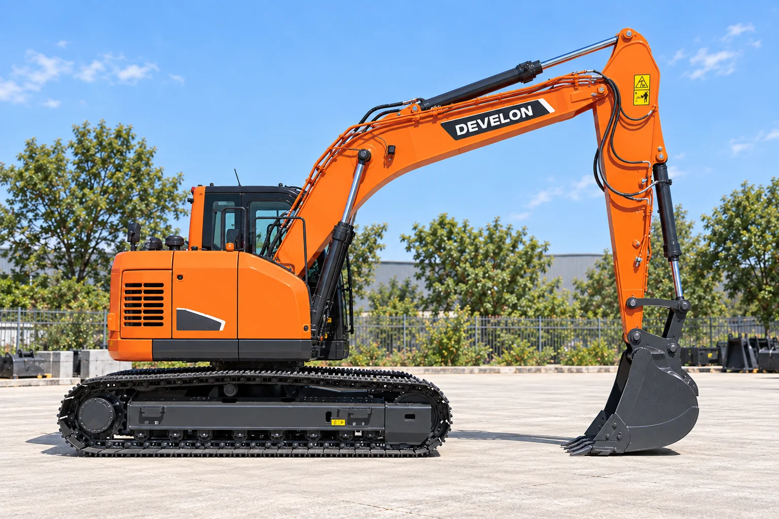 Illustrative right-side view of a DEVELON DX140LCR-7 short-tail excavator; not a photograph of a specific machine.