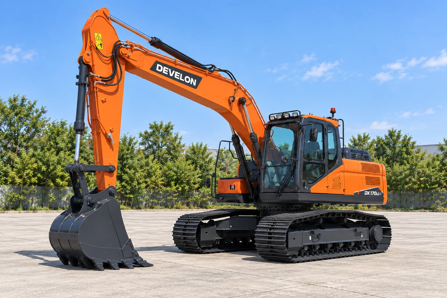 Illustrative front-left view of a DEVELON DX170LC-7 conventional excavator; not a photograph of a specific machine.