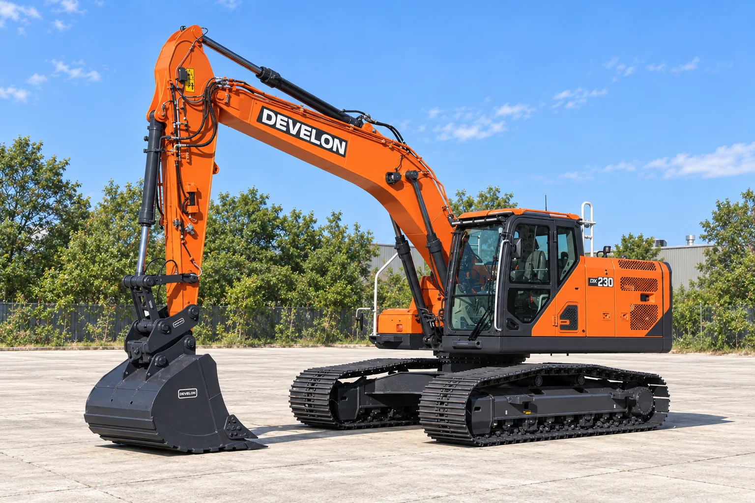Illustrative front-left view of a DEVELON DX230LC-9 excavator; not a photograph of a specific machine.