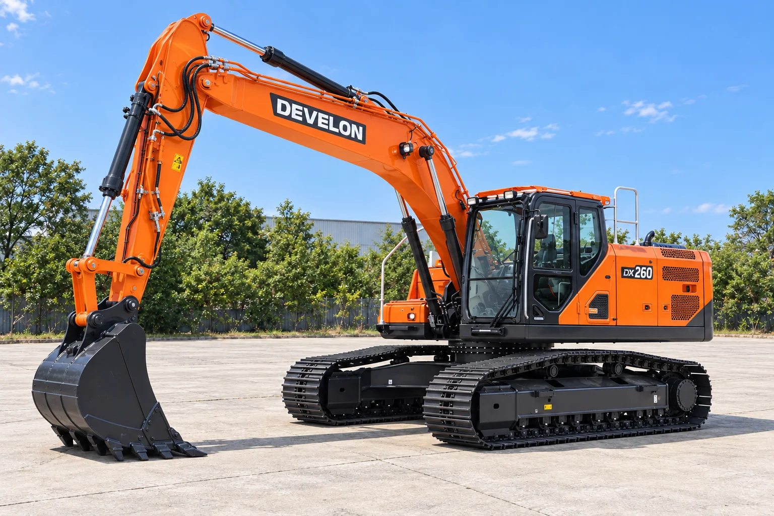 Illustrative front-left view of a DEVELON DX260LC-9 crawler excavator; not a photograph of a specific machine.