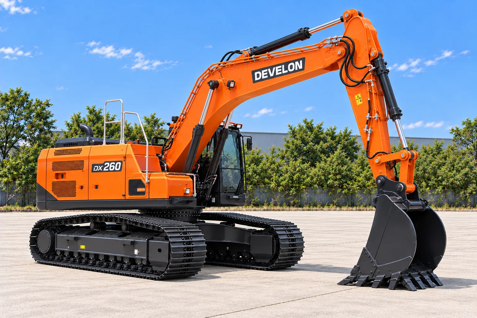Illustrative front-right view of a DEVELON DX260LC-9 crawler excavator; not a photograph of a specific machine.