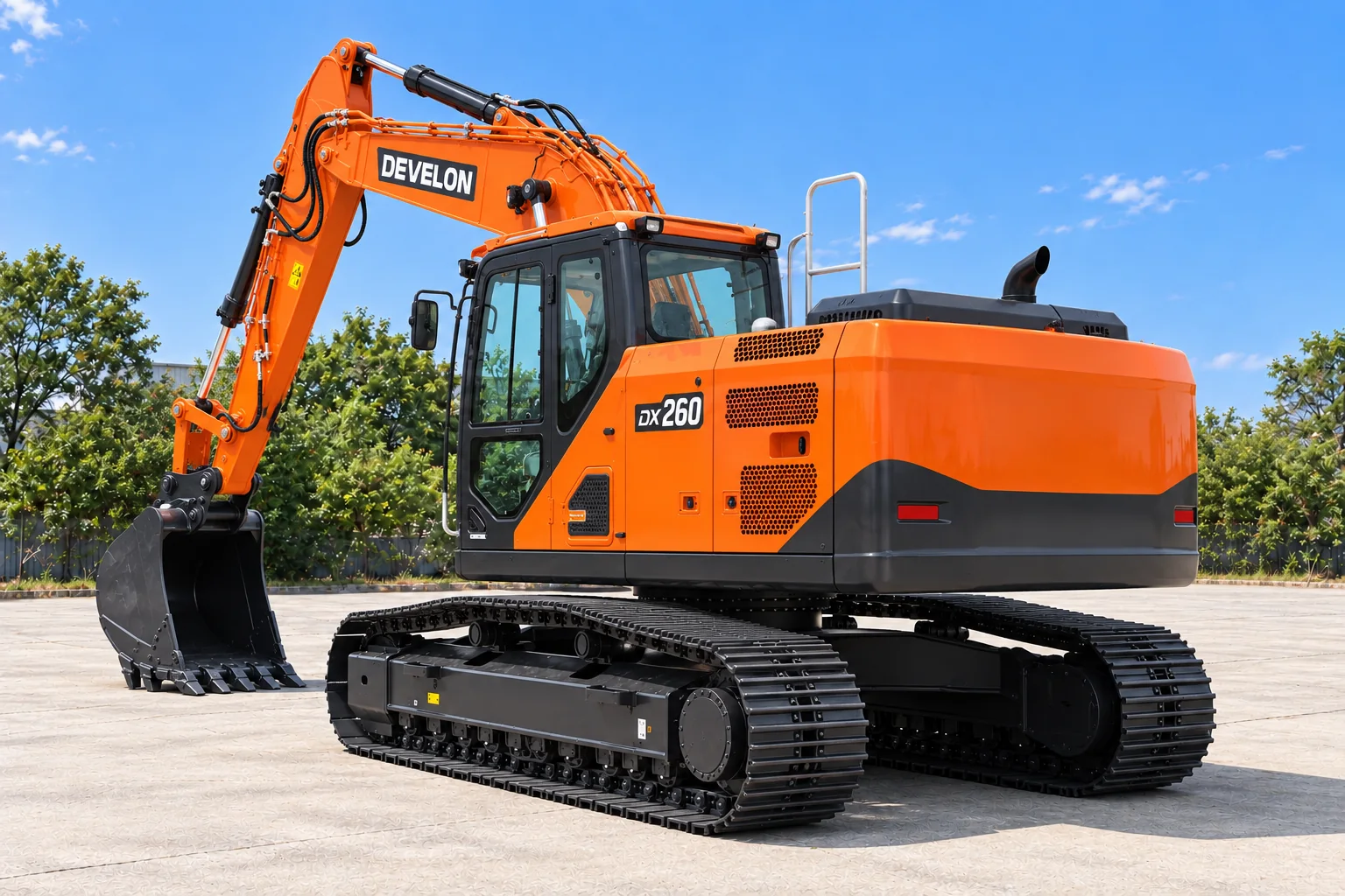 Illustrative rear-left view of a DEVELON DX260LC-9 crawler excavator; not a photograph of a specific machine.