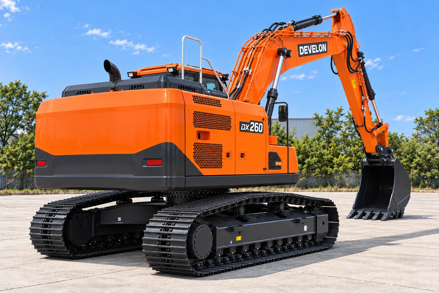 Illustrative rear-right view of a DEVELON DX260LC-9 crawler excavator; not a photograph of a specific machine.
