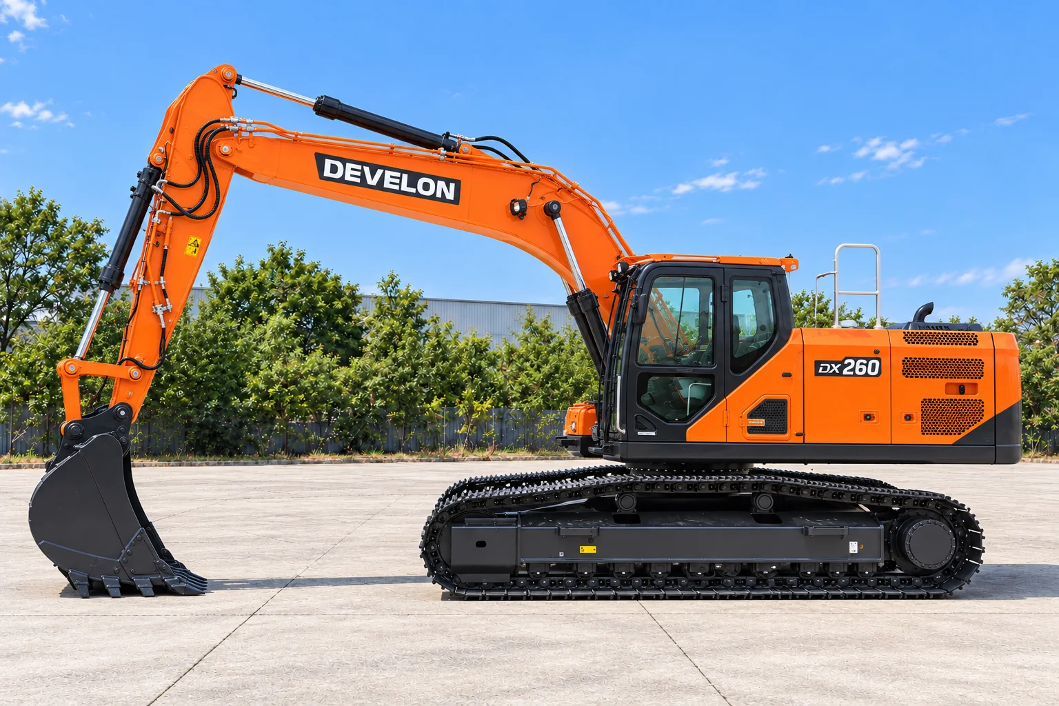 Illustrative left-side view of a DEVELON DX260LC-9 crawler excavator; not a photograph of a specific machine.
