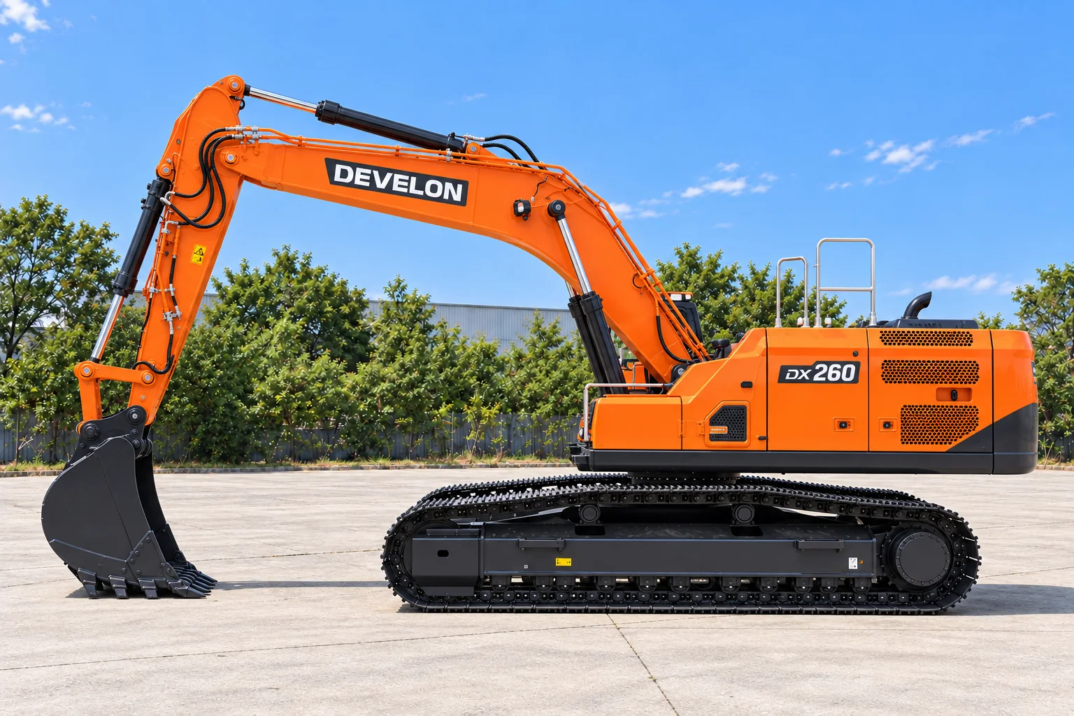 Illustrative right-side view of a DEVELON DX260LC-9 crawler excavator; not a photograph of a specific machine.
