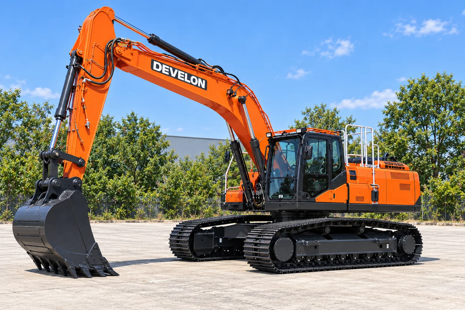 Illustrative front-left view of a DEVELON DX300LC-9 crawler excavator; not a photograph of a specific machine.