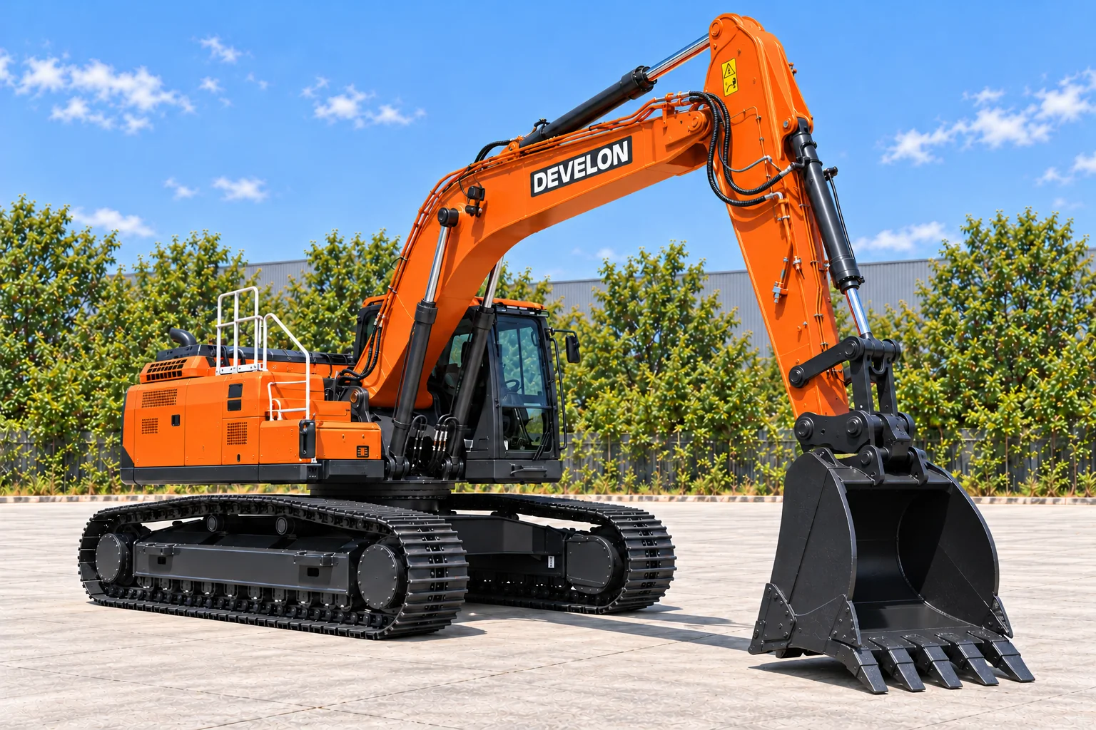 Illustrative front-right view of a DEVELON DX300LC-9 crawler excavator; not a photograph of a specific machine.