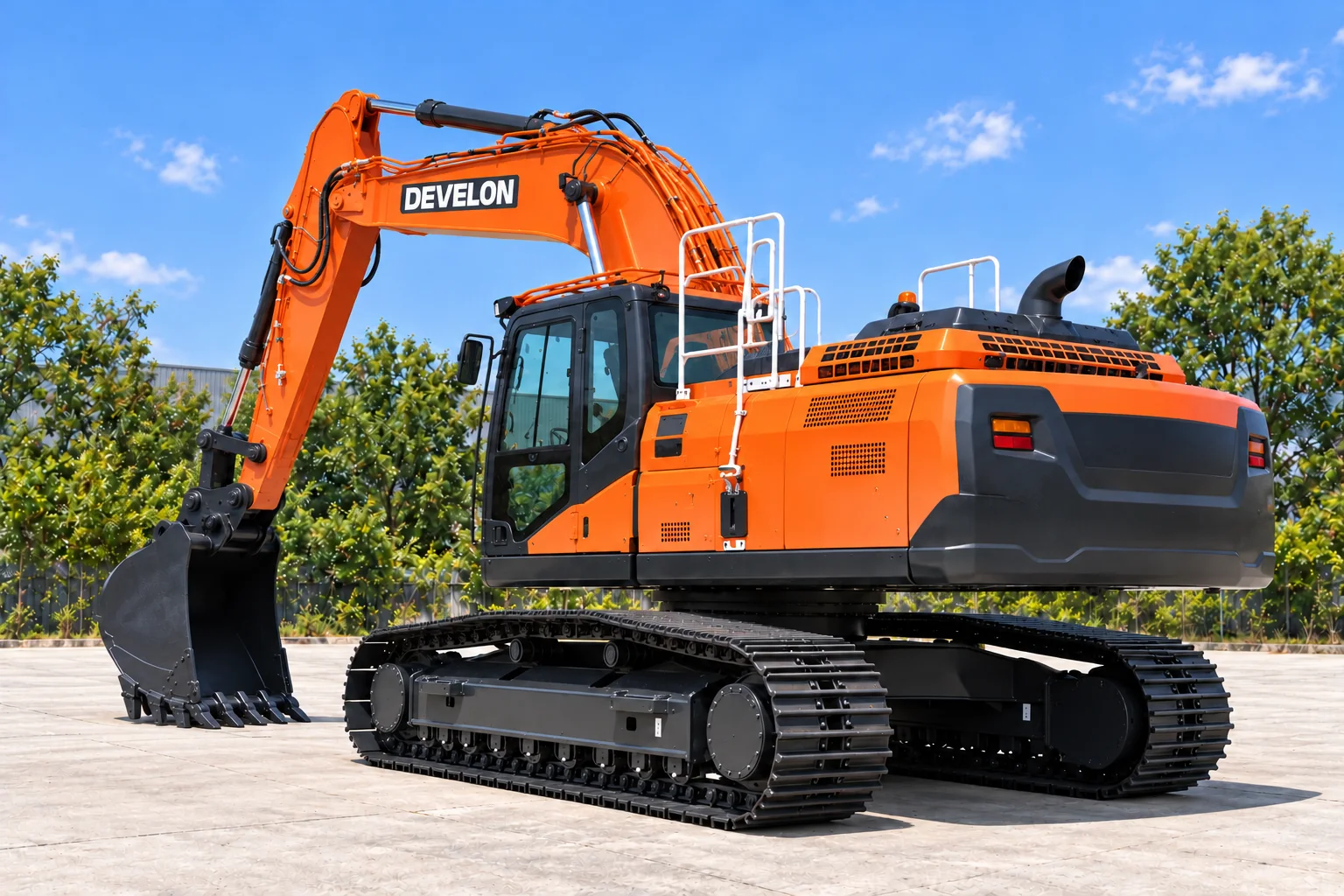 Illustrative rear-left view of a DEVELON DX300LC-9 crawler excavator; not a photograph of a specific machine.