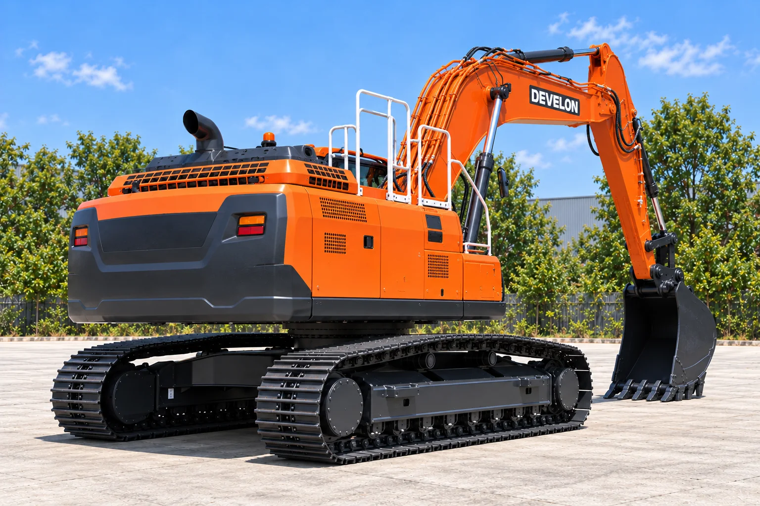 Illustrative rear-right view of a DEVELON DX300LC-9 crawler excavator; not a photograph of a specific machine.