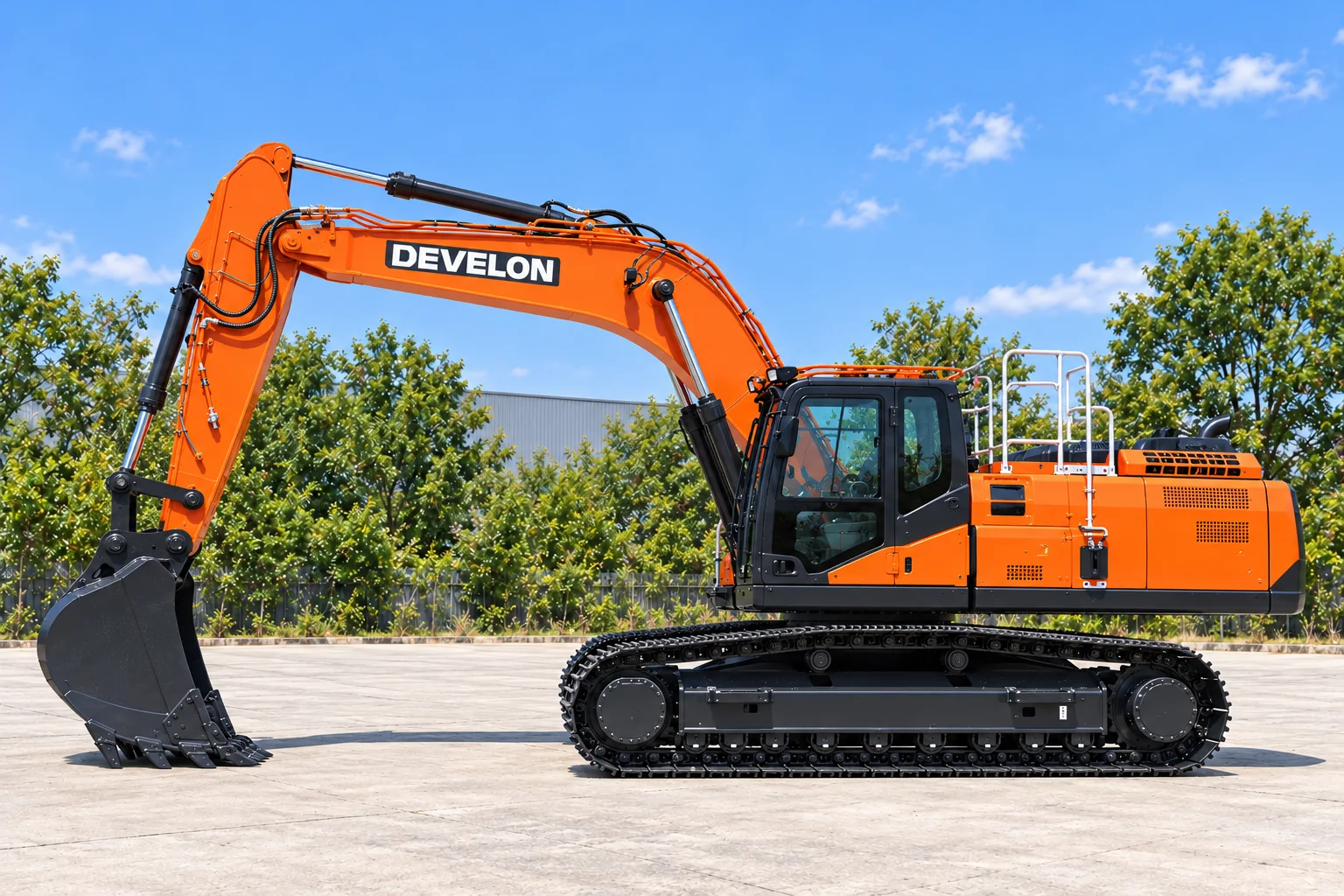 Illustrative left-side view of a DEVELON DX300LC-9 crawler excavator; not a photograph of a specific machine.