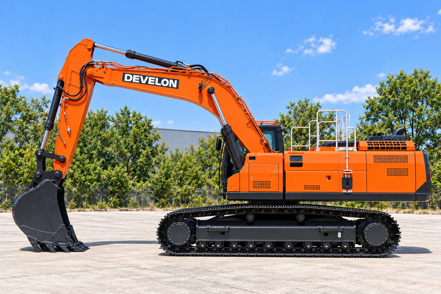 Illustrative right-side view of a DEVELON DX300LC-9 crawler excavator; not a photograph of a specific machine.