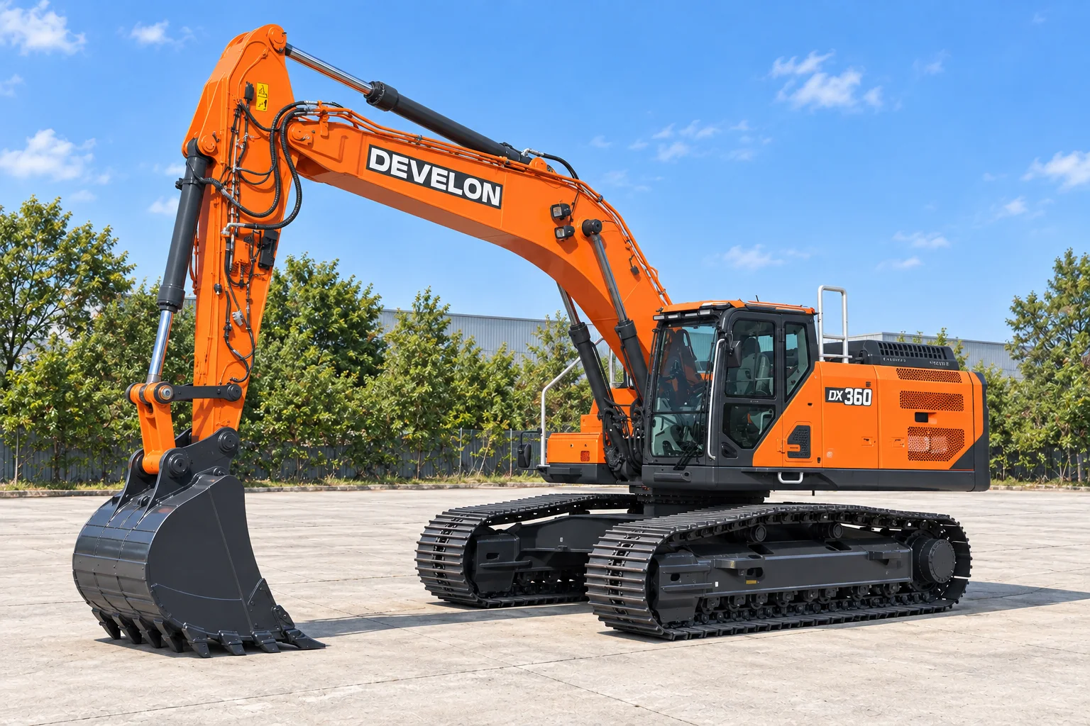 Illustrative front-left view of a DEVELON DX360LC-9 crawler excavator; not a photograph of a specific machine.