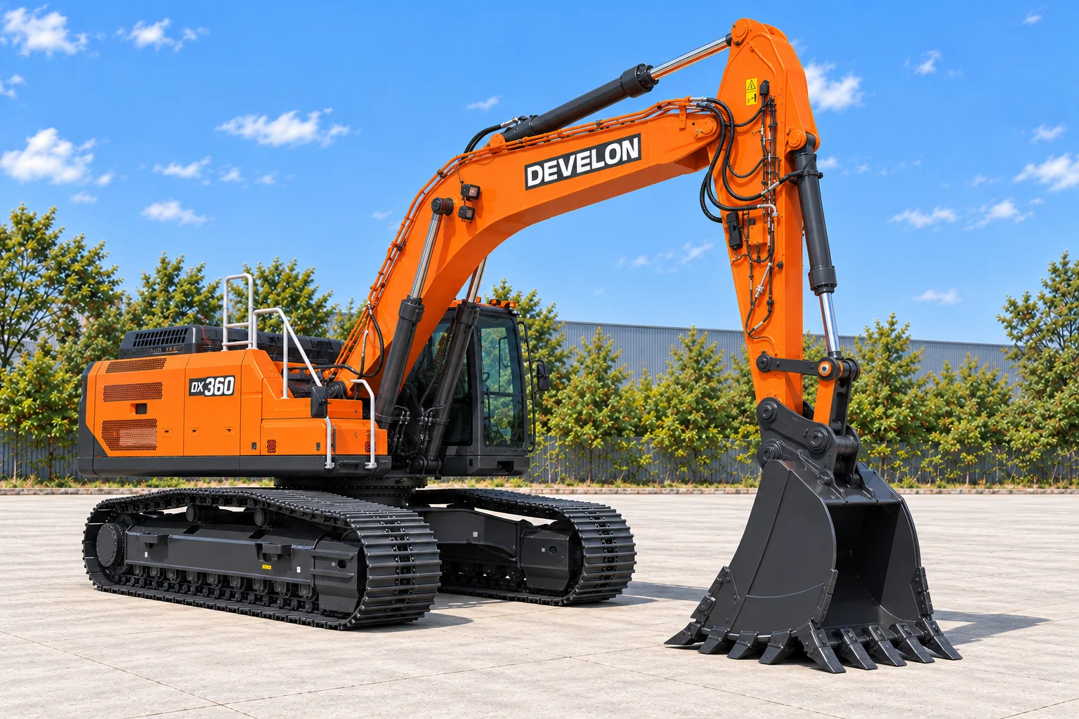 Illustrative front-right view of a DEVELON DX360LC-9 crawler excavator; not a photograph of a specific machine.