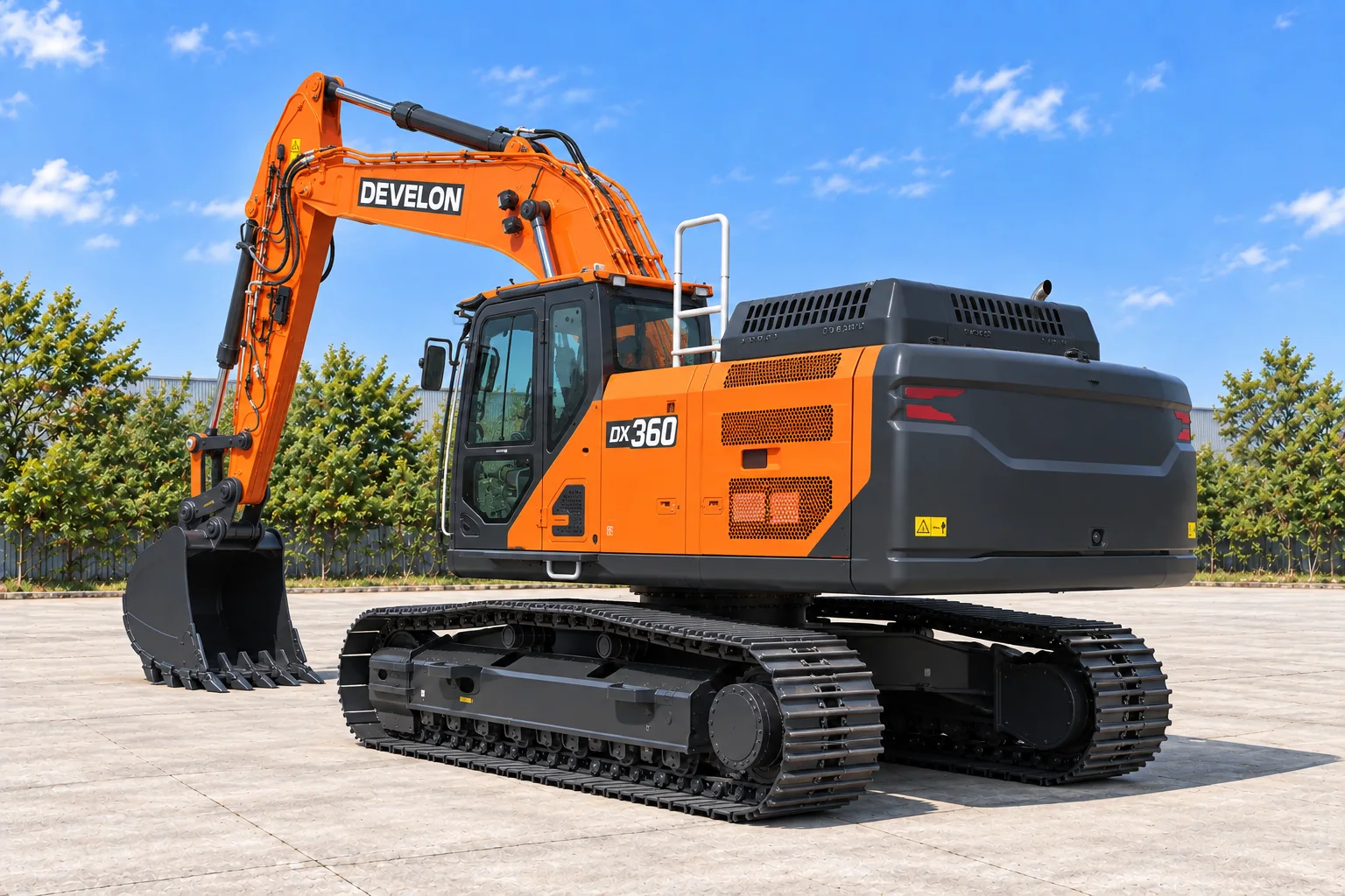 Illustrative rear-left view of a DEVELON DX360LC-9 crawler excavator; not a photograph of a specific machine.