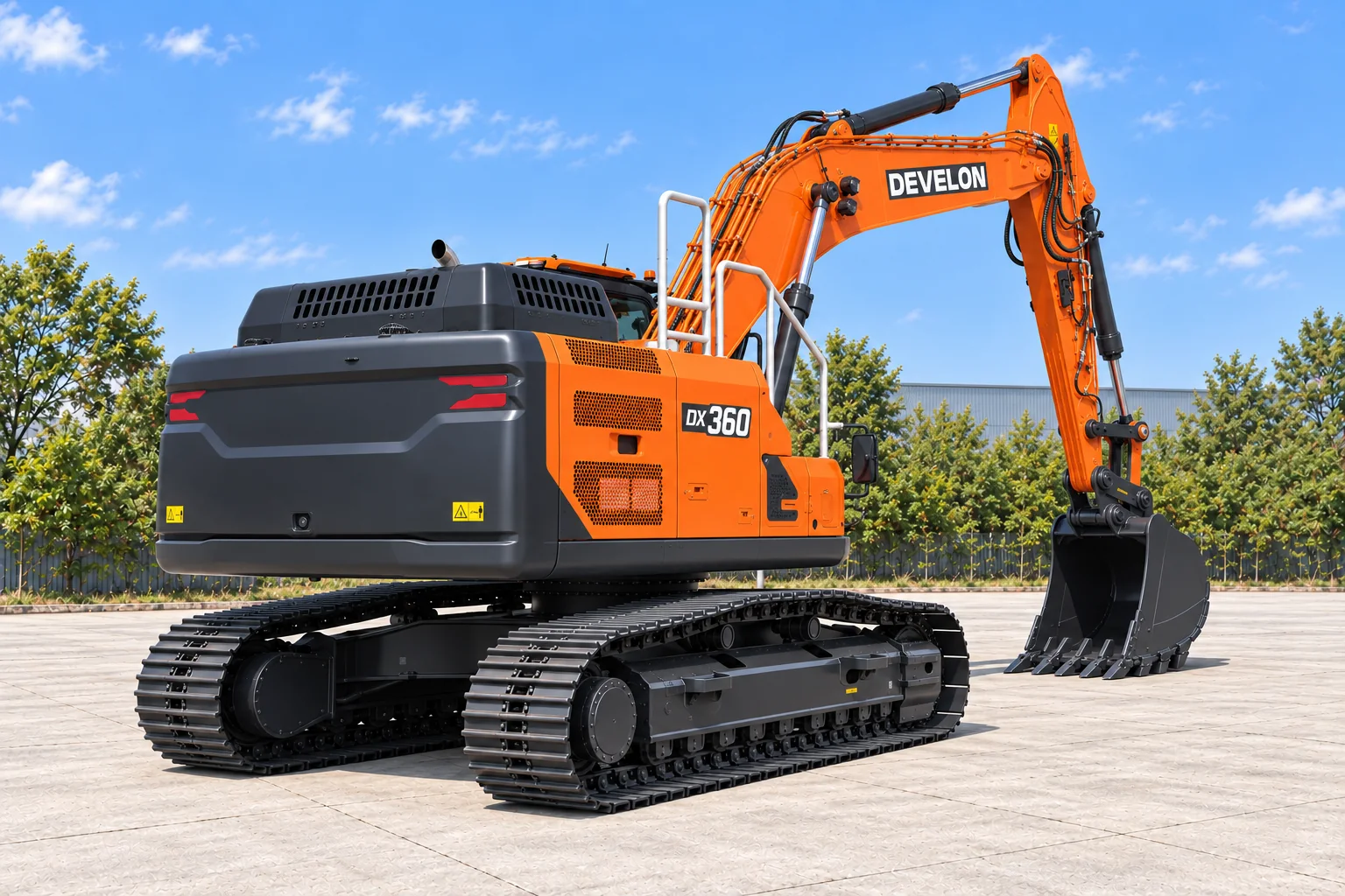 Illustrative rear-right view of a DEVELON DX360LC-9 crawler excavator; not a photograph of a specific machine.