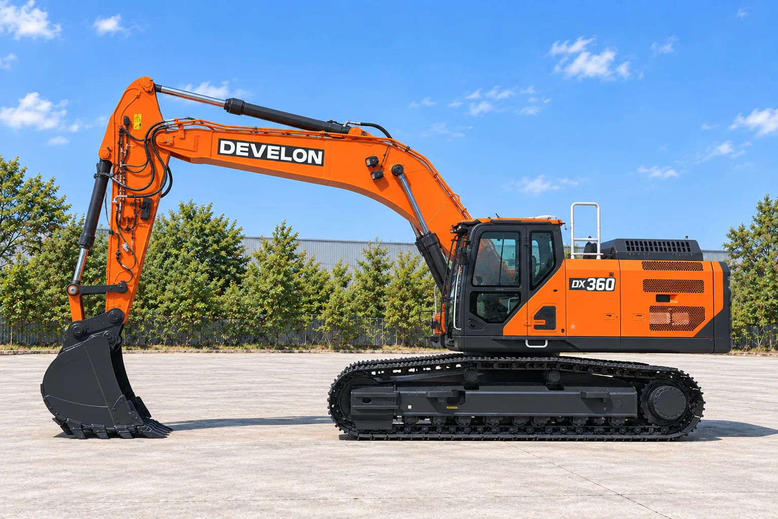 Illustrative left-side view of a DEVELON DX360LC-9 crawler excavator; not a photograph of a specific machine.