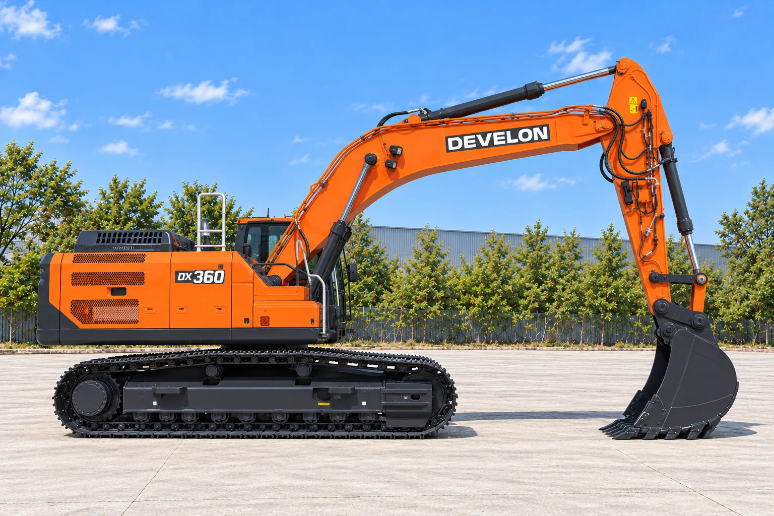 Illustrative right-side view of a DEVELON DX360LC-9 crawler excavator; not a photograph of a specific machine.