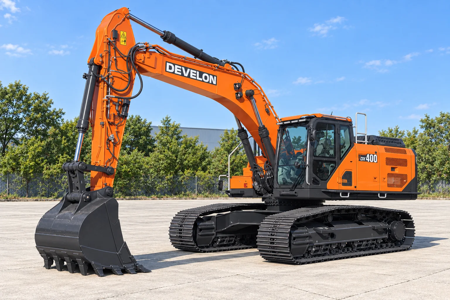 Illustrative front-left view of a DEVELON DX400LC-9 crawler excavator; not a photograph of a specific machine.