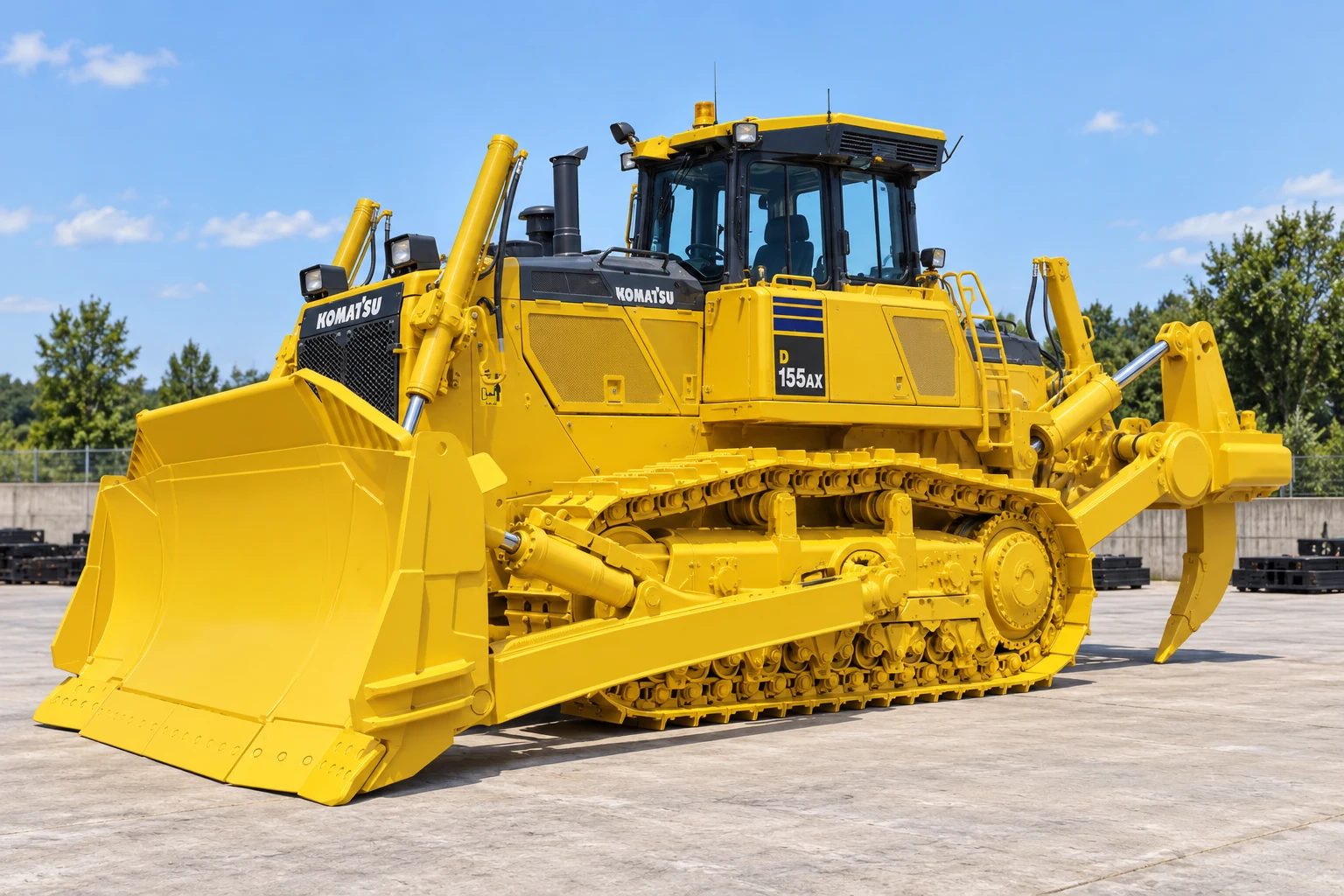 Illustrative front three quarter view of Komatsu D155AX-8; not a photograph of a specific machine.
