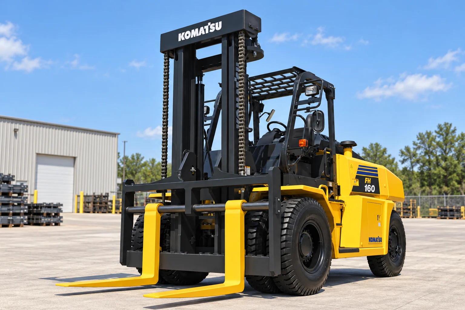 Illustrative exterior view of a Komatsu FH160-1 forklift with an upright mast and two empty forks; not a photograph of a specific machine.